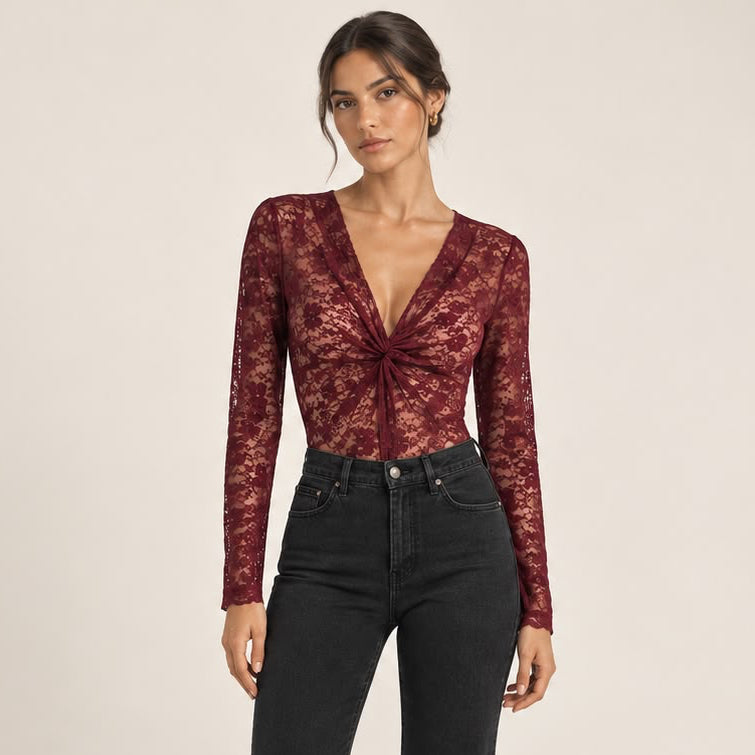 Sheer Lace Twist-Front Bodysuit in Burgundy, front view