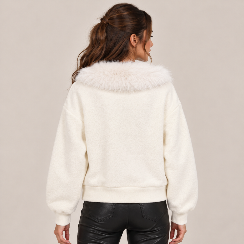 Faux Fur Collar Jacket With Leopard Pockets in White, back view