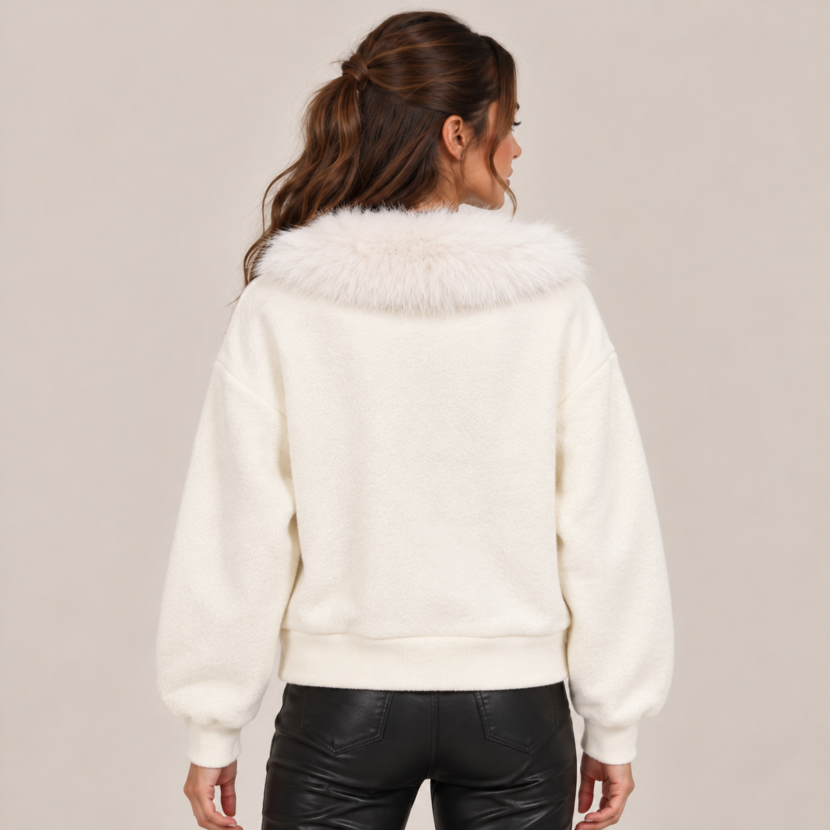 Faux Fur Collar Jacket With Leopard Pockets in White, back view
