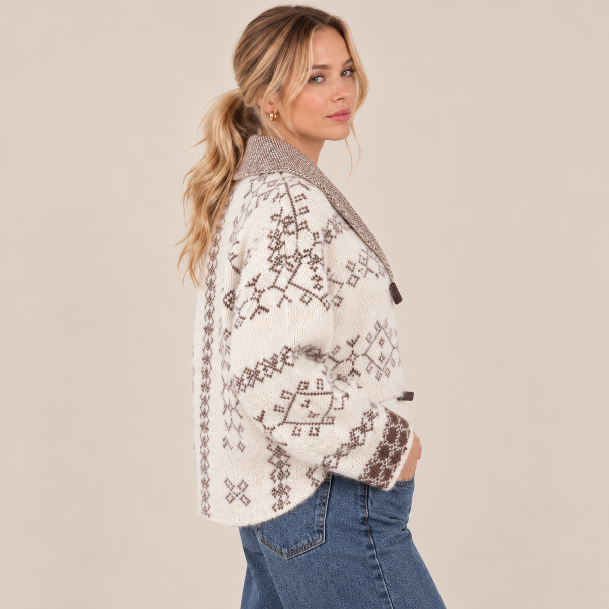 Nordic Knit Shawl Collar Cardigan in White and Beige, side view