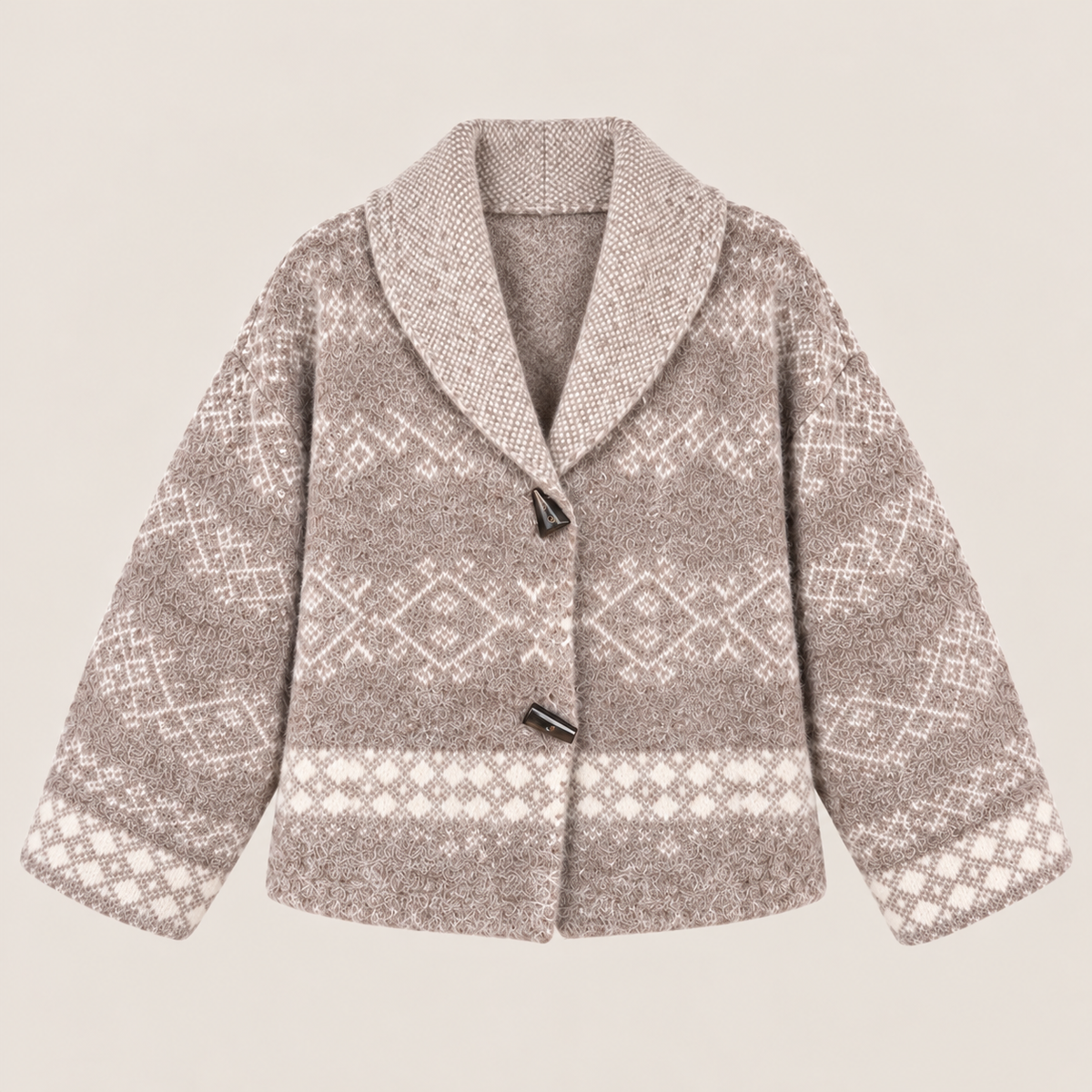 Nordic Knit Shawl Collar Cardigan in Beige and White, product view