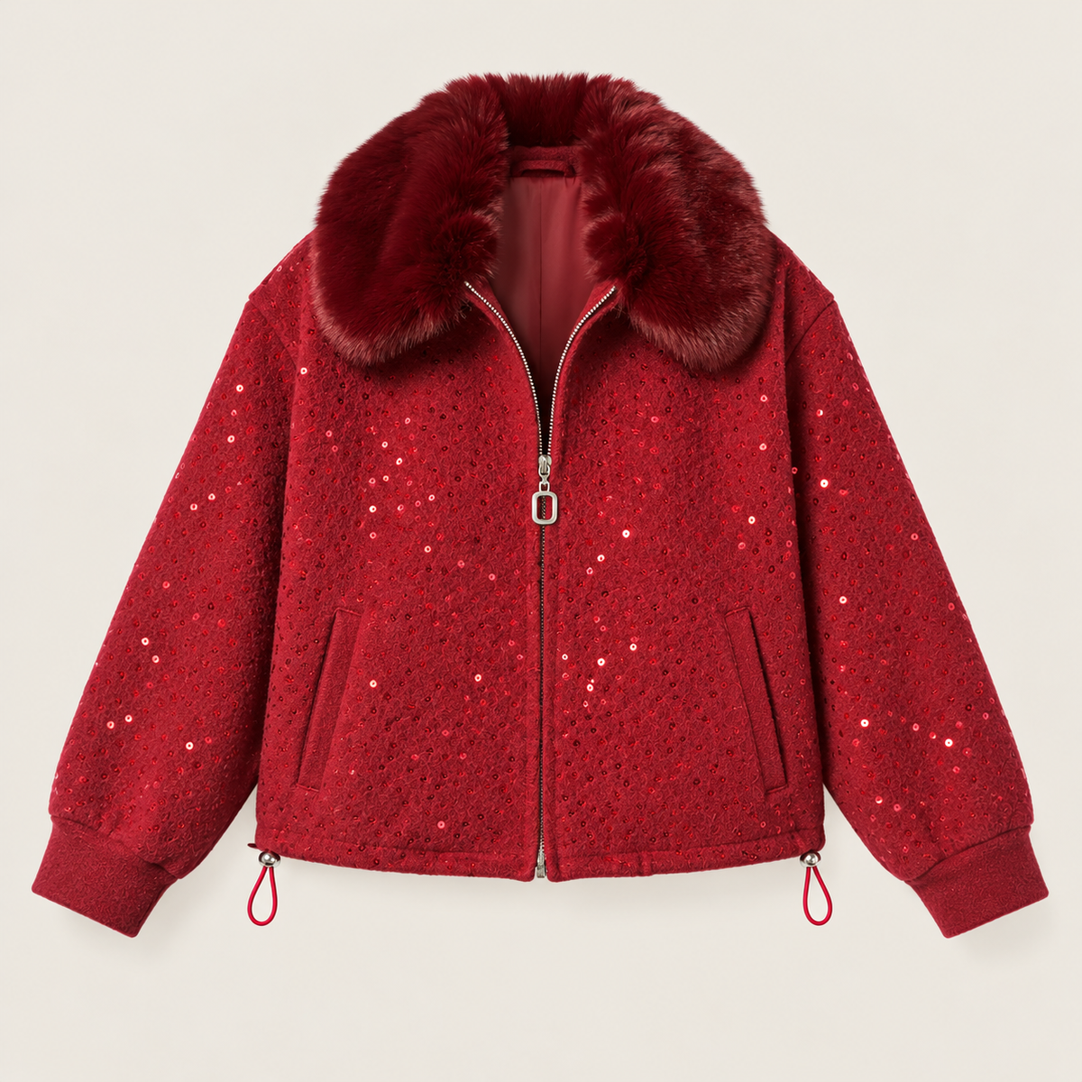 Sequin Bomber Jacket With Faux Fur Collar in Red, product view