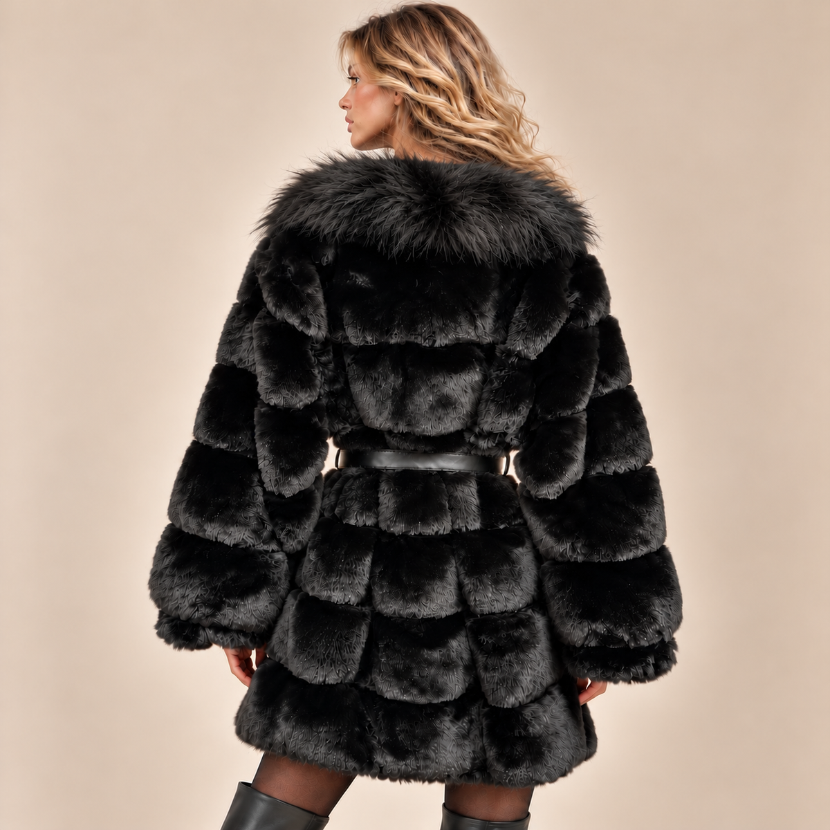 Belted Panelled Faux Fur Coat in Black, model back view