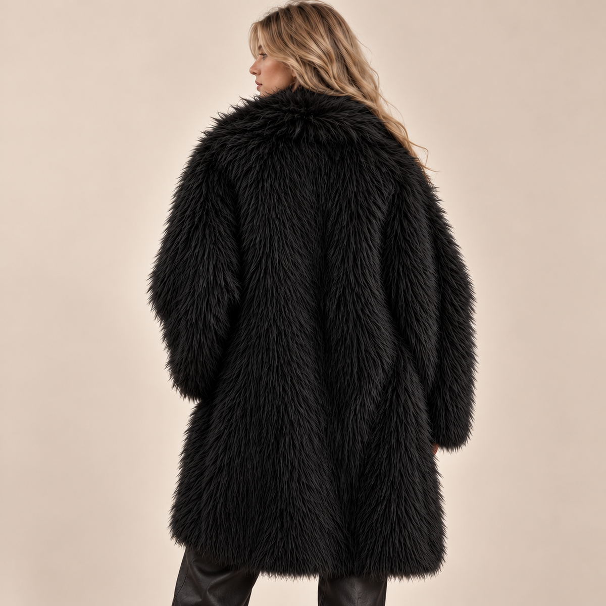 Shaggy Faux Fur Coat in Black, model back view
