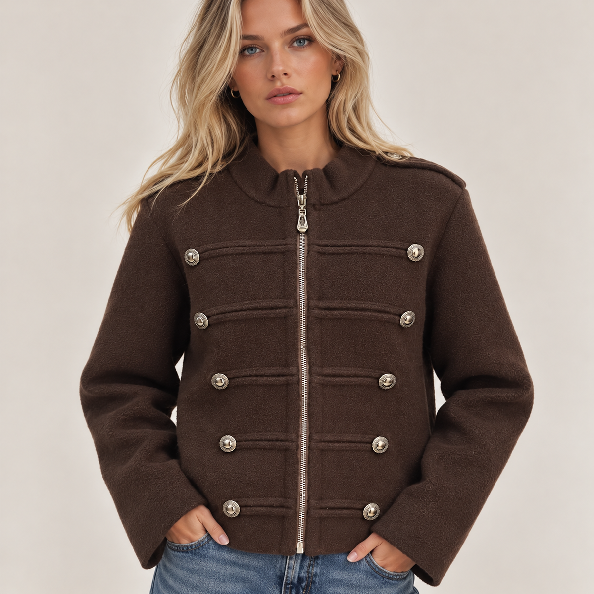 Military-Style Epaulette Jacket in Brown, front view