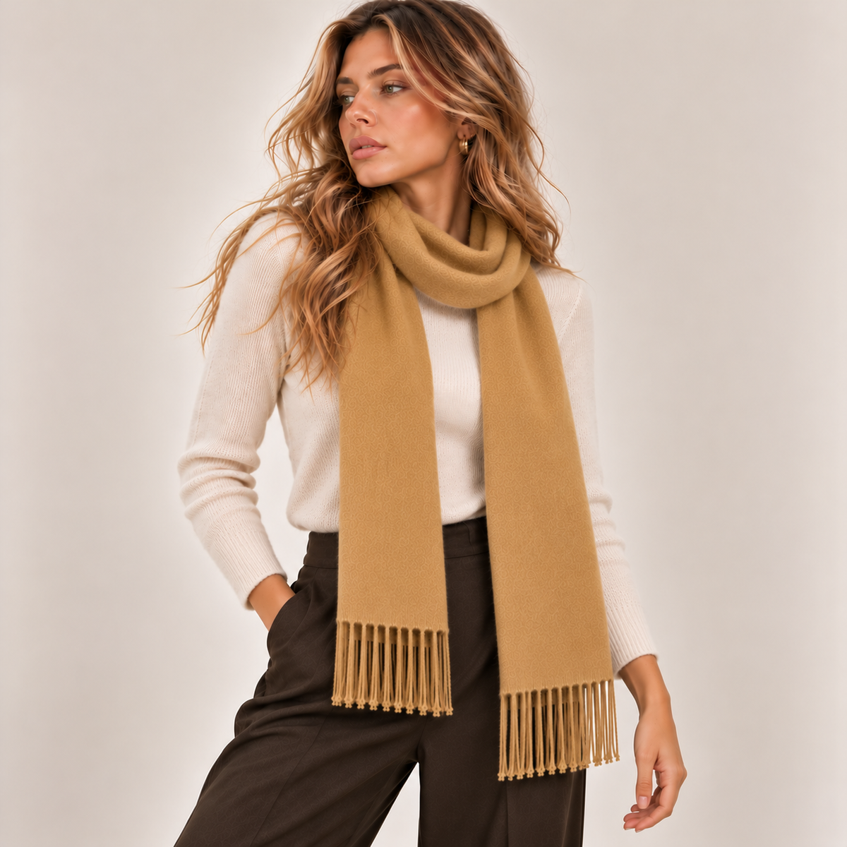 Classic Fringed Winter Scarf in Mustard, front view