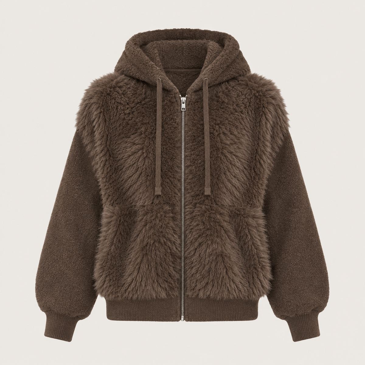 Faux Fur Hooded Zip-Up Jacket in Brown, product view