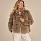 Panelled Faux Fur Jacket With Stand Collar in Brown, model front view
