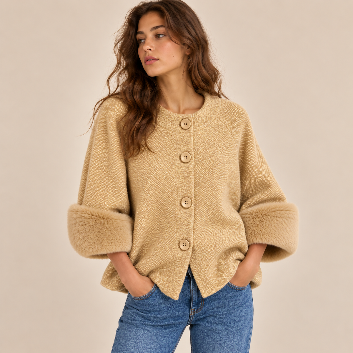 Knit Cape Jacket With Faux Fur Cuffs in Mustard, model front view