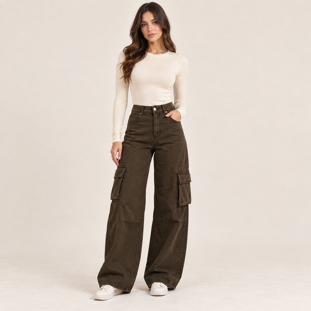Wide-Leg Cargo Jeans in Brown, front view