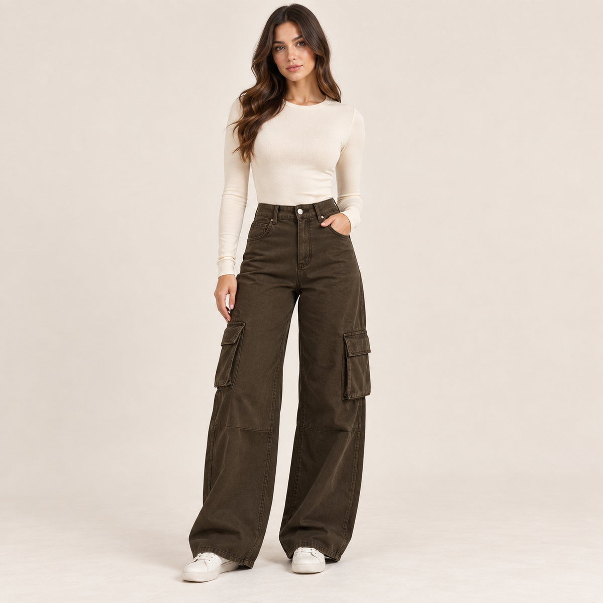 Wide-Leg Cargo Jeans in Brown, front view