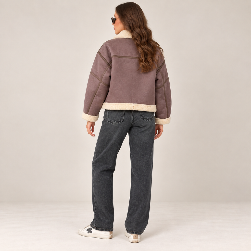 Suede-Effect Aviator Jacket in Brown, back view