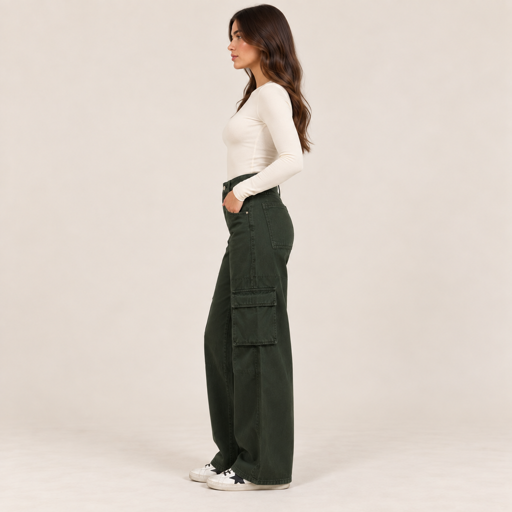 Wide-Leg Cargo Jeans in Olive Green, side view