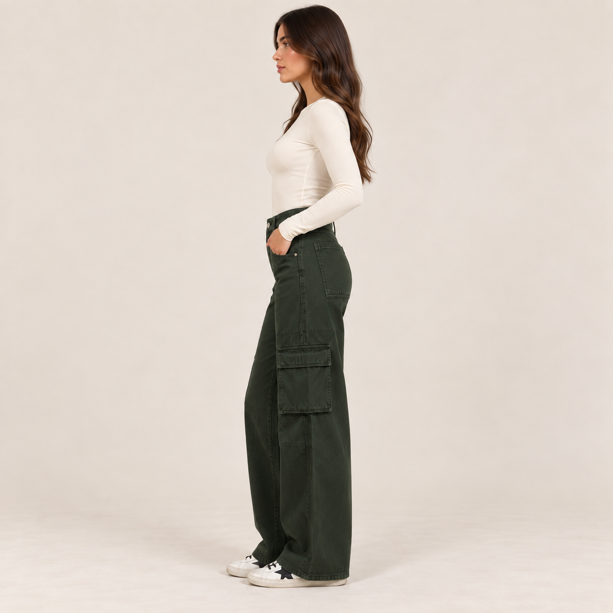 Wide-Leg Cargo Jeans in Olive Green, side view