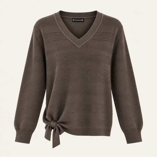 Side-Tie Textured V-Neck Sweater in Mocha, product view