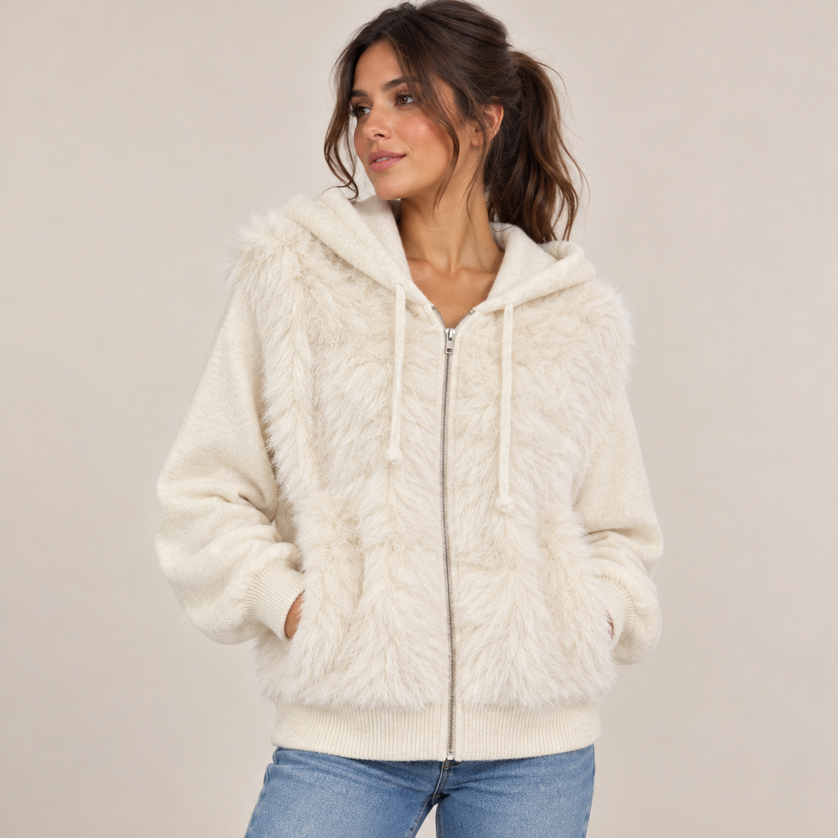 Faux Fur Hooded Zip-Up Jacket in White, front view