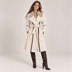 Belted Faux Fur Collar Coat With Contrast Piping in Cream, front view