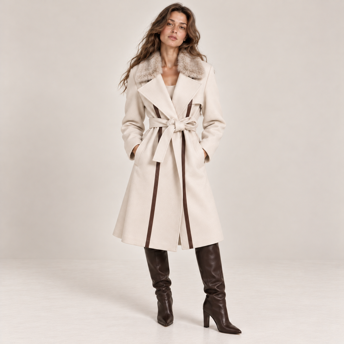 Belted Faux Fur Collar Coat With Contrast Piping in Cream, front view