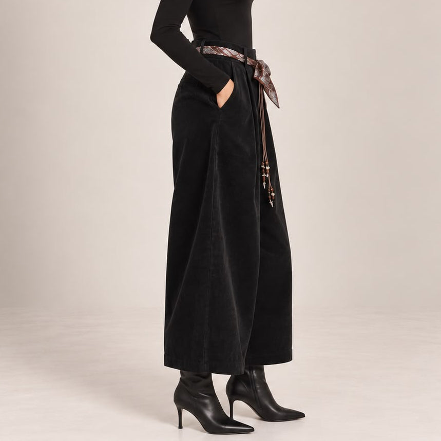 Velvet-Touch Wide-Leg Pants With Scarf Belt in Black, side view