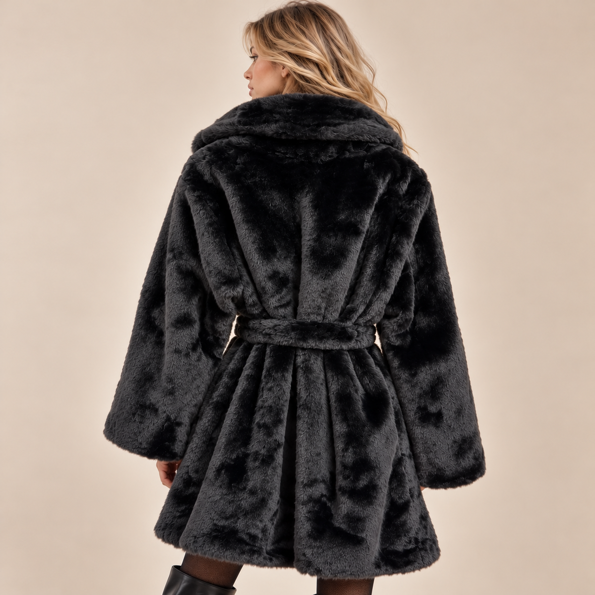 Belted Faux Fur Coat With Wide Lapels in Black, model back view