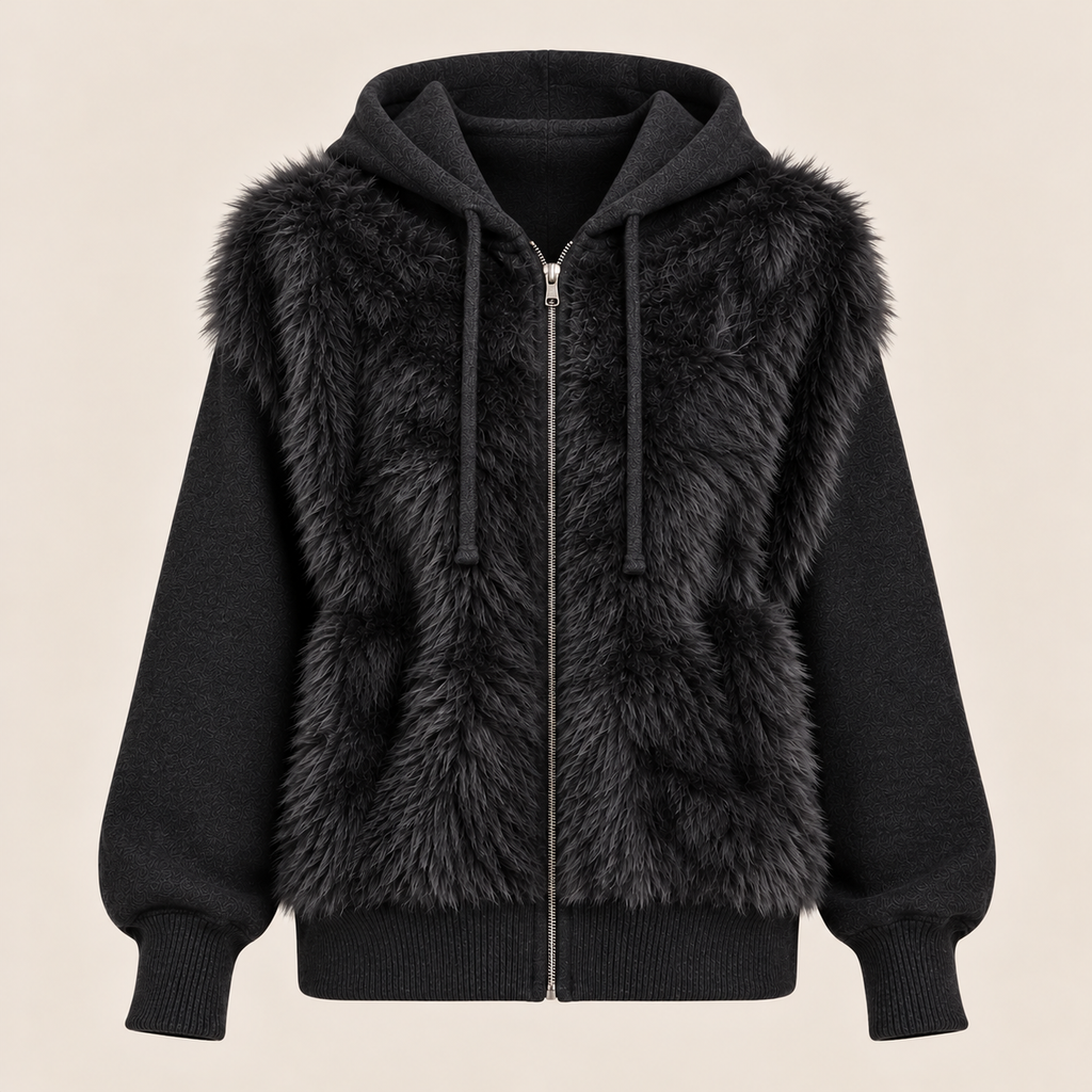 Faux Fur Hooded Zip-Up Jacket in Black, product view