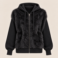 Faux Fur Hooded Zip-Up Jacket in Black, product view