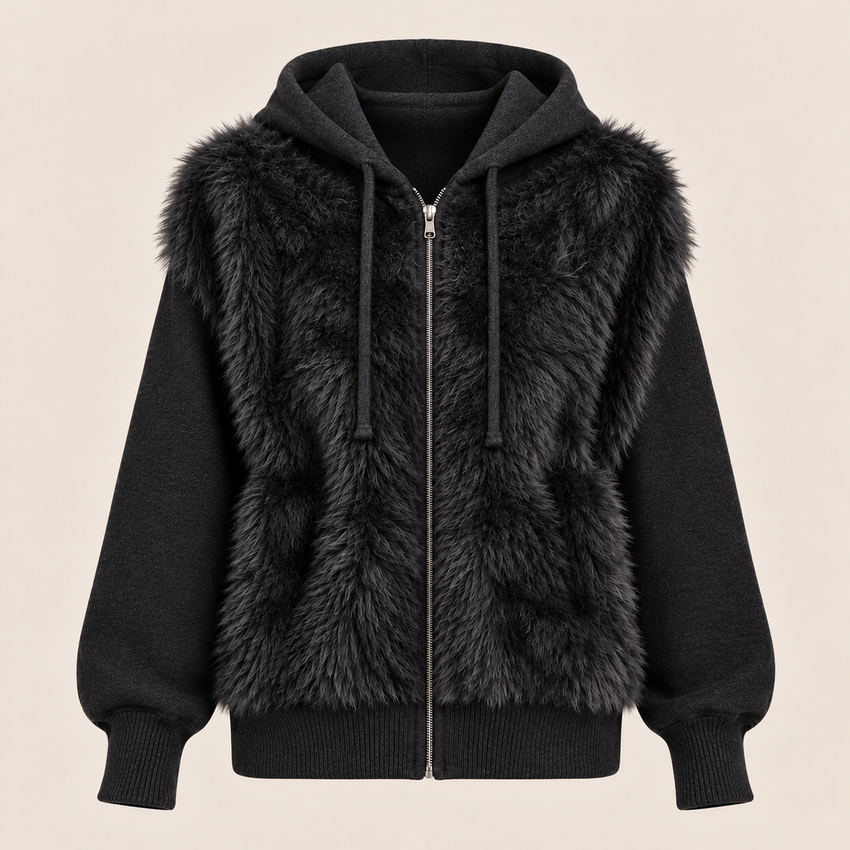 Faux Fur Hooded Zip-Up Jacket in Black, product view