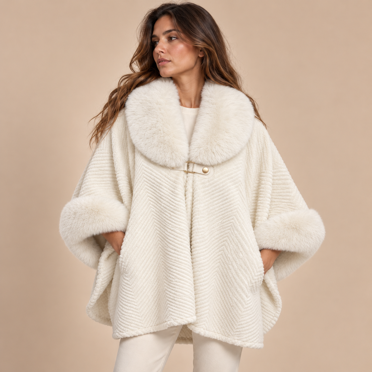Chevron Cape Coat With Faux Fur Collar in White, model front view