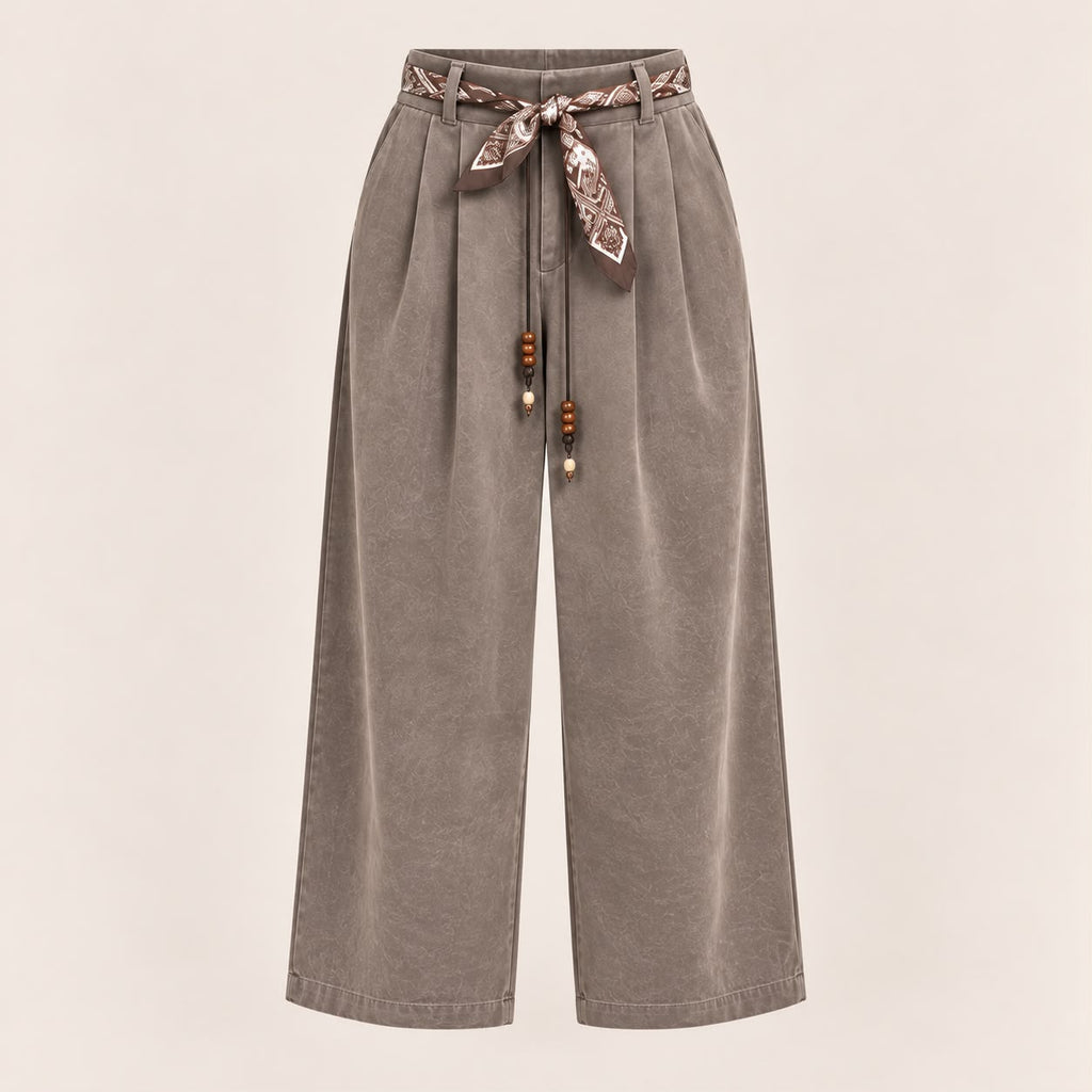 Velvet-Touch Wide-Leg Pants With Scarf Belt in Taupe, product view