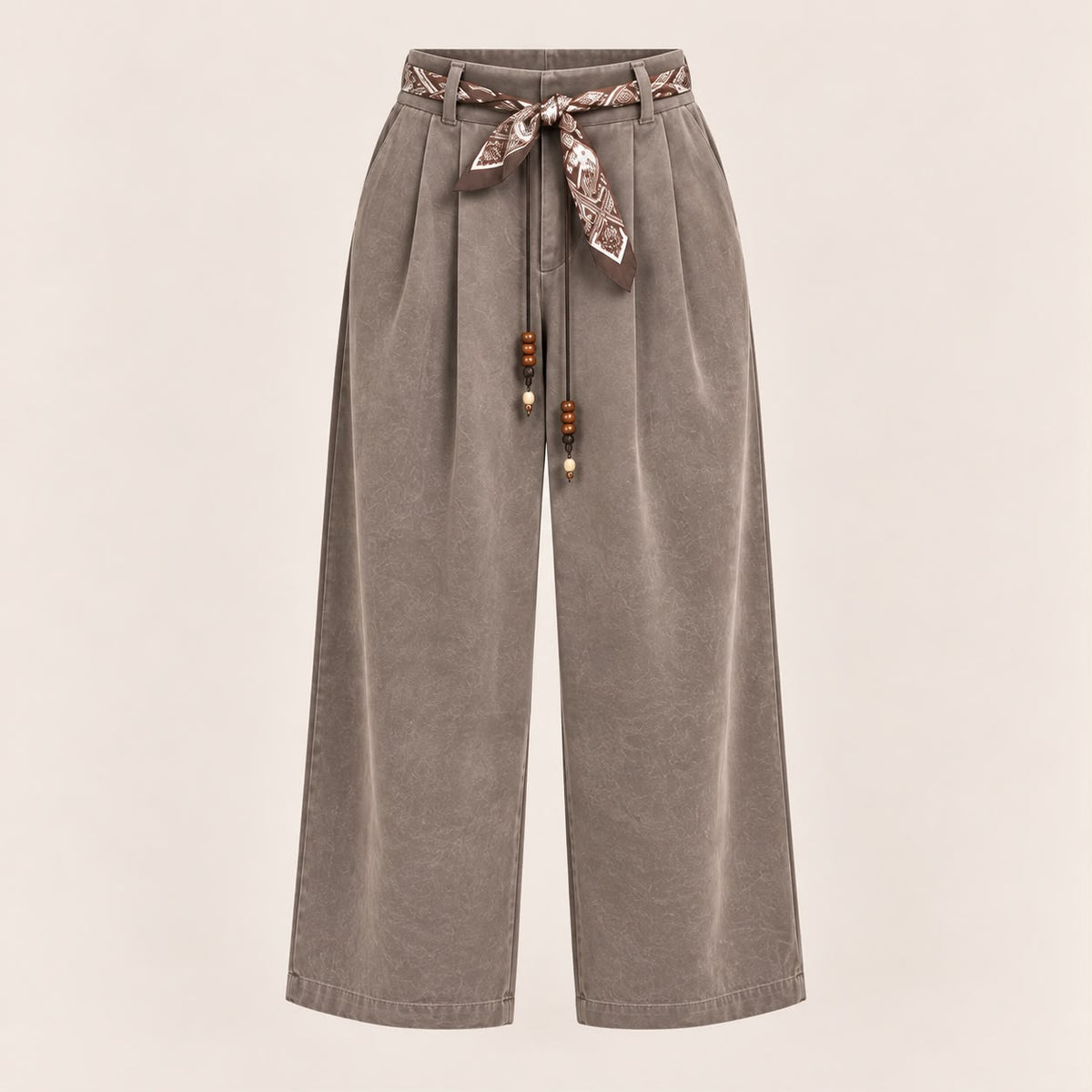 Velvet-Touch Wide-Leg Pants With Scarf Belt in Taupe, product view