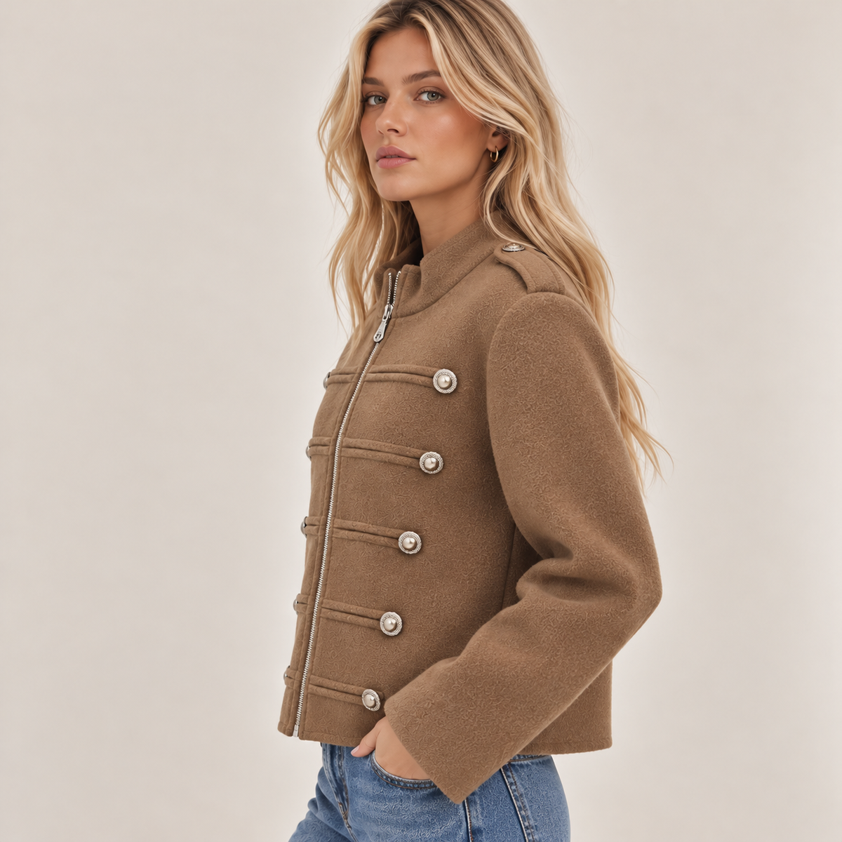 Military-Style Epaulette Jacket in Camel, side view