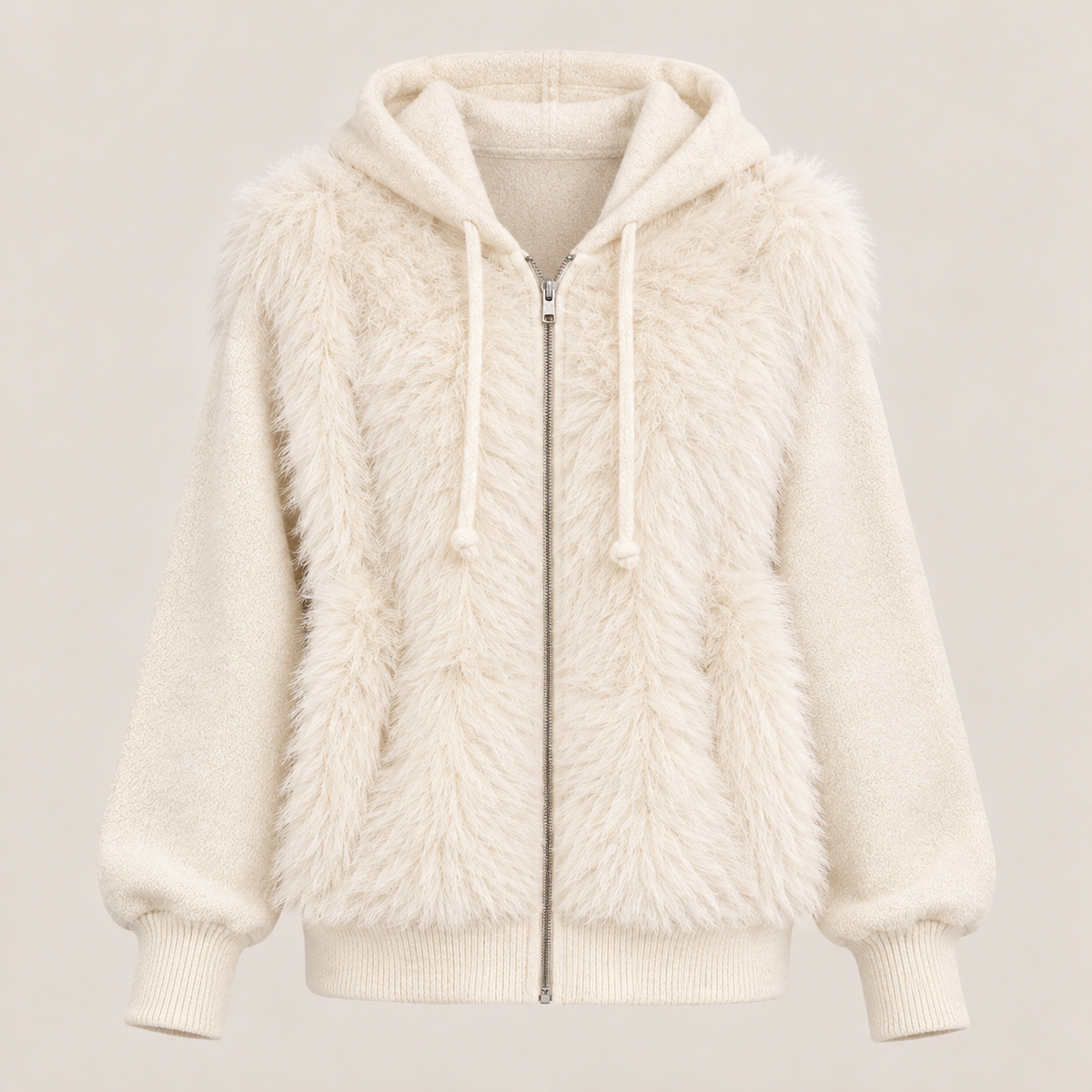 Faux Fur Hooded Zip-Up Jacket in White, product view