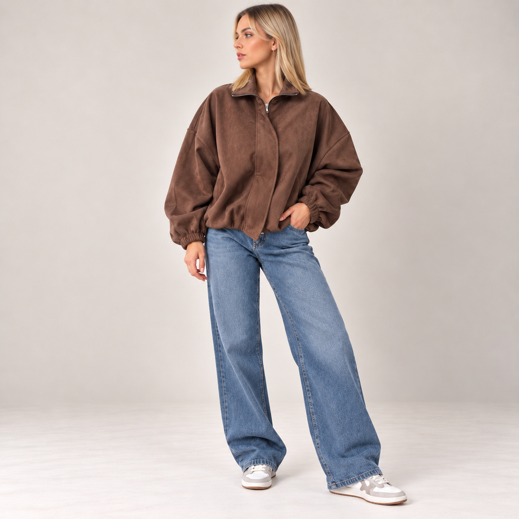 Oversized Bomber Jacket in Brown, alternate front view