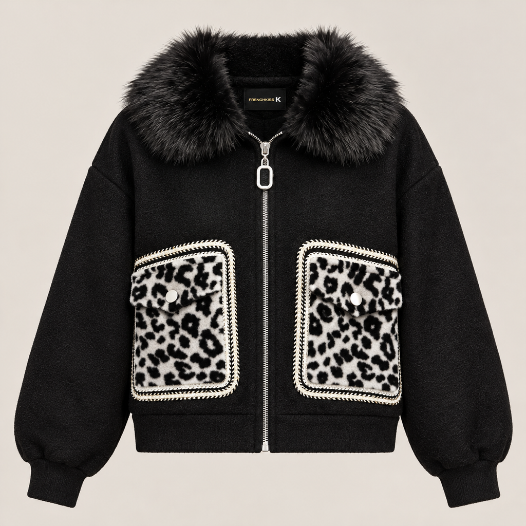 Faux Fur Collar Jacket With Leopard Pockets in Black, product view