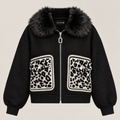 Faux Fur Collar Jacket With Leopard Pockets in Black, product view