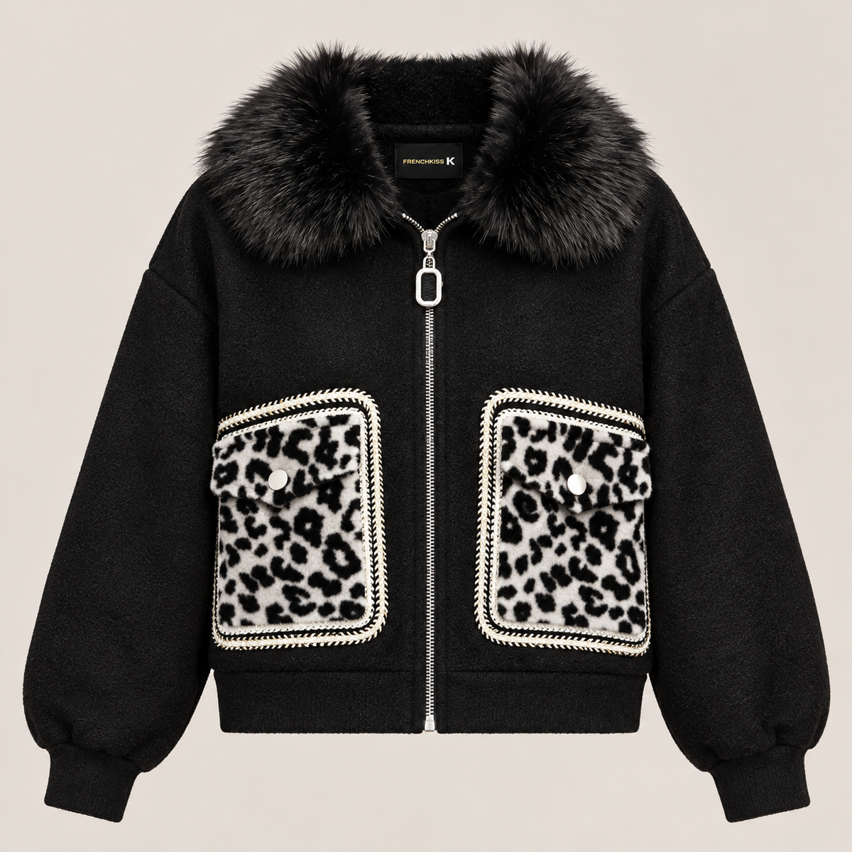 Faux Fur Collar Jacket With Leopard Pockets in Black, product view