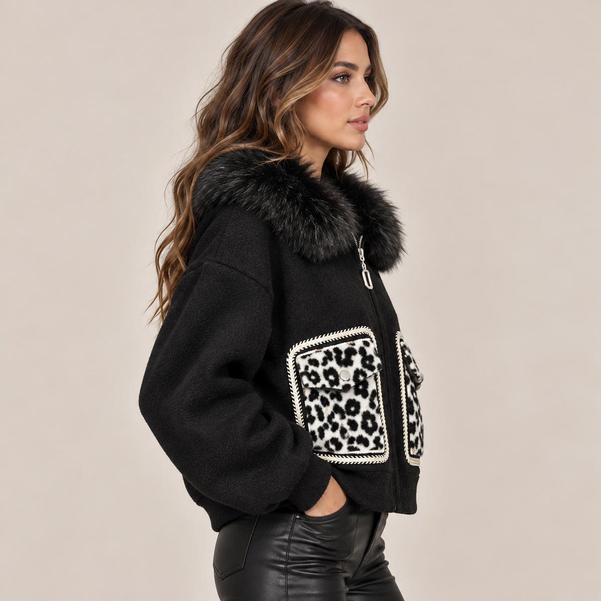 Faux Fur Collar Jacket With Leopard Pockets in Black, side view