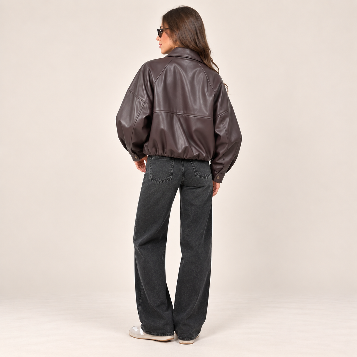 Faux Leather Utility Jacket in Plum, back view
