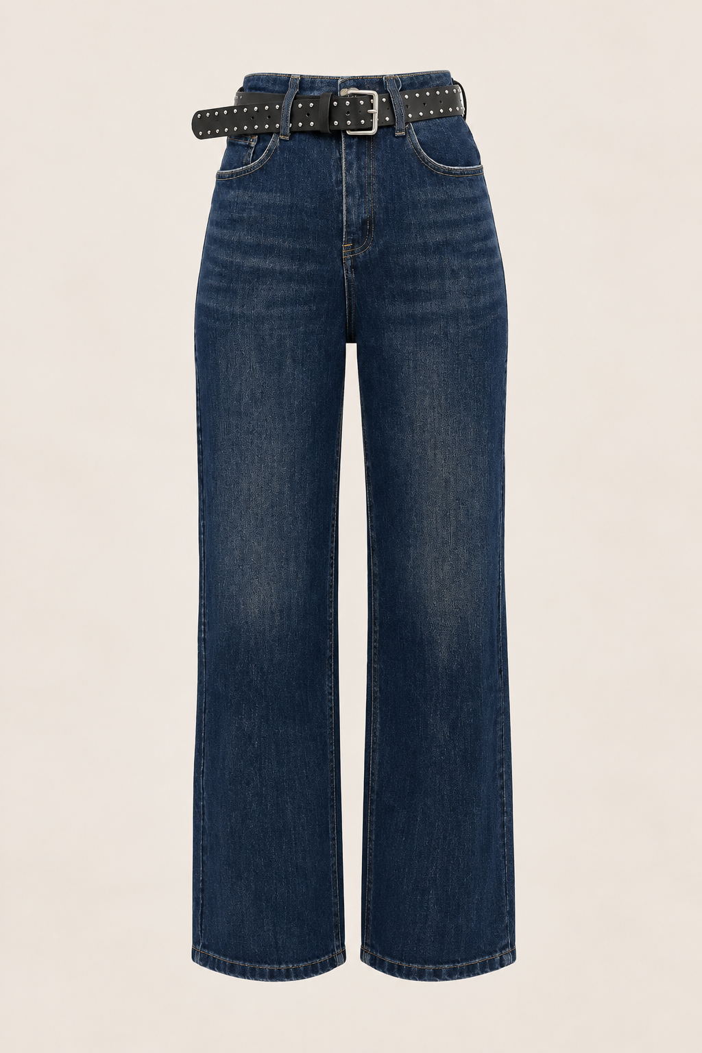 Dark Blue Wide-Leg Jeans With Studded Belt, product view