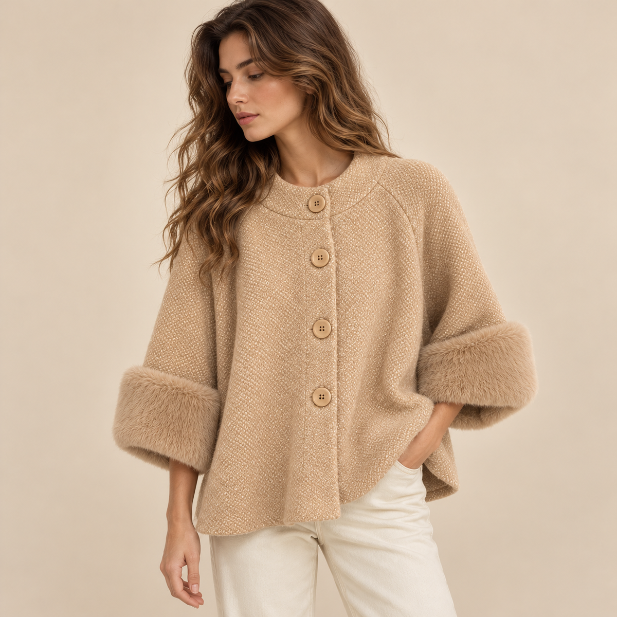 Knit Cape Jacket With Faux Fur Cuffs in Beige, model front view