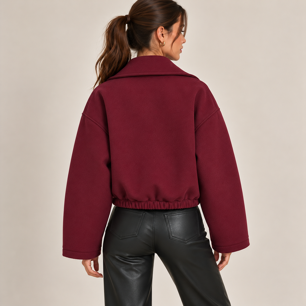 Cropped Double-Breasted Jacket With Wide Lapels in Burgundy, back view