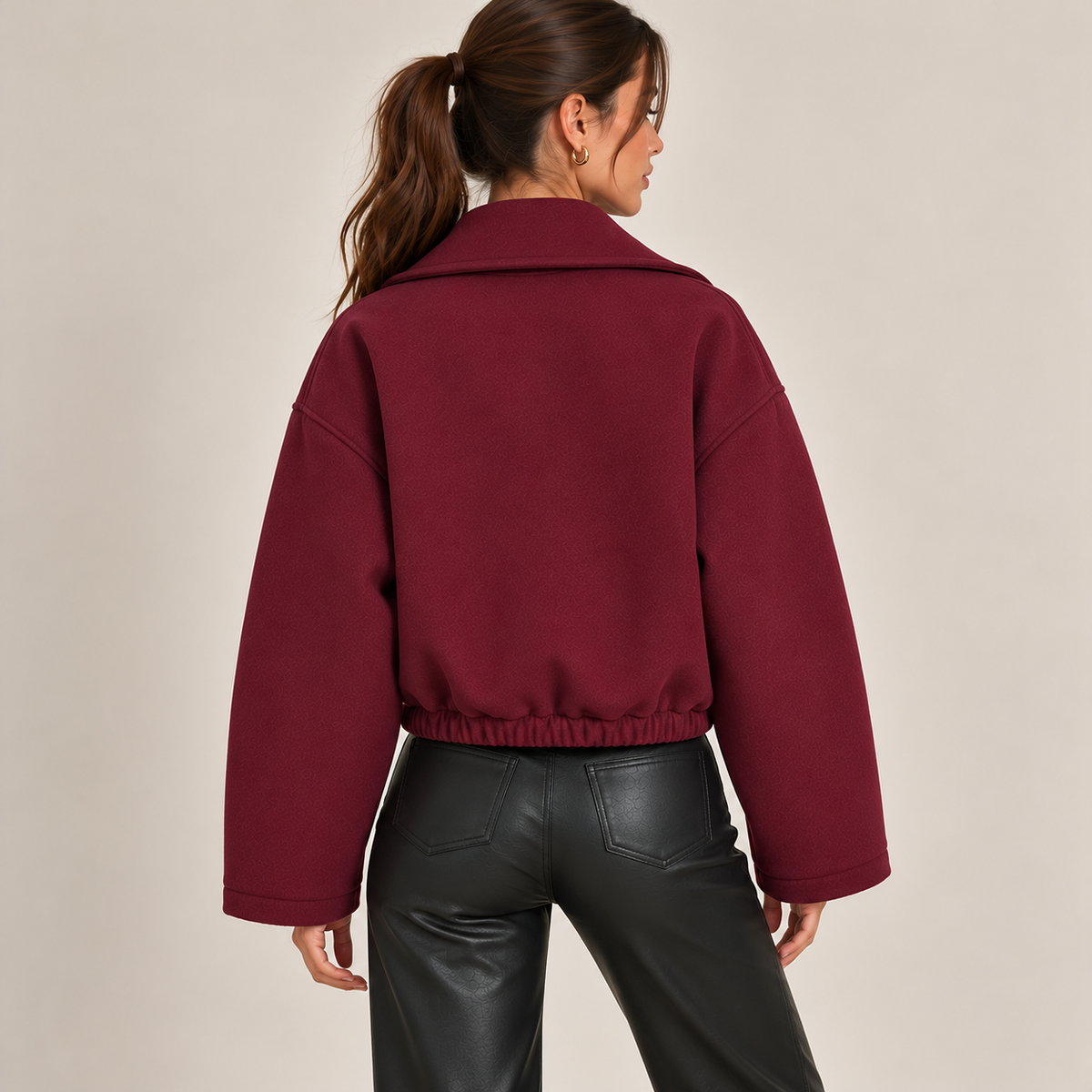 Cropped Double-Breasted Jacket With Wide Lapels in Burgundy, back view