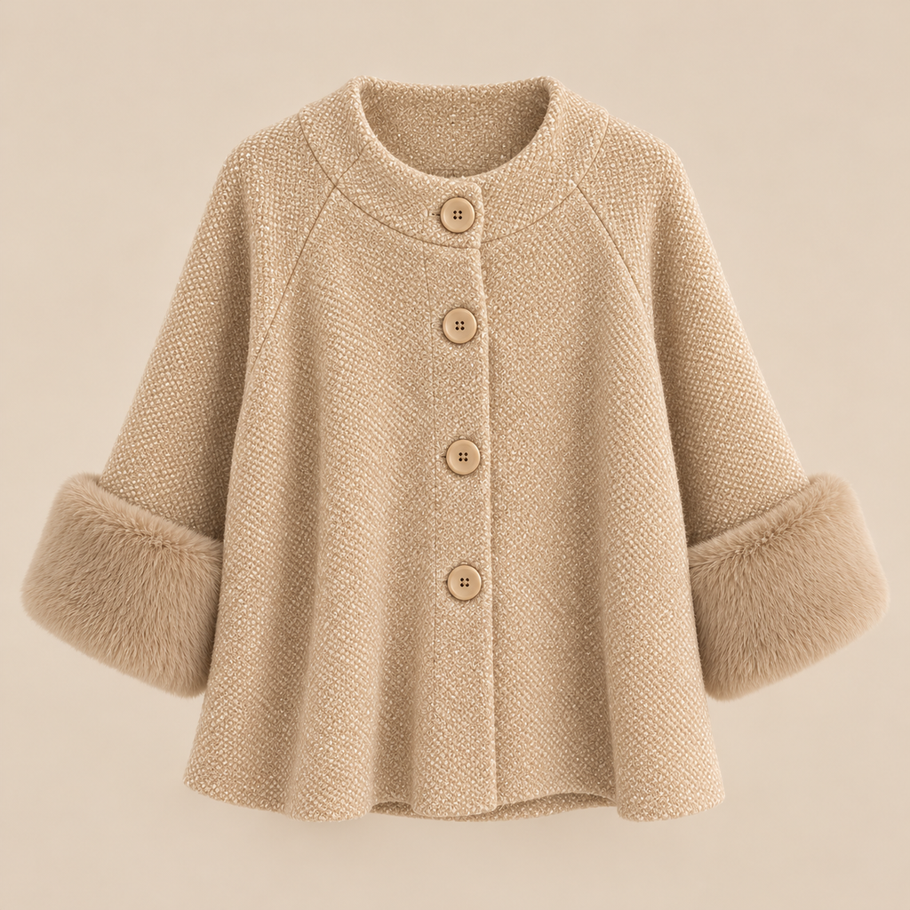 Knit Cape Jacket With Faux Fur Cuffs in Beige, product front view