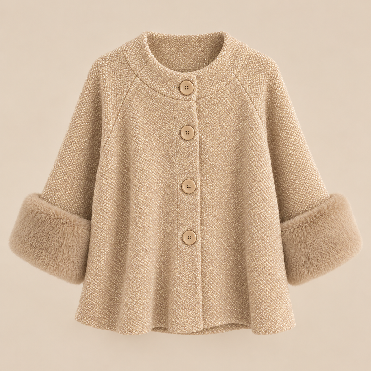 Knit Cape Jacket With Faux Fur Cuffs in Beige, product front view