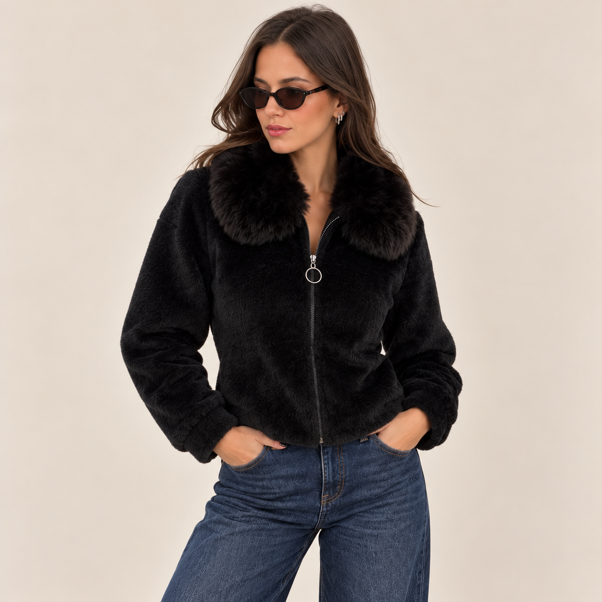 Teddy Jacket With Faux Fur Collar in Black, front view