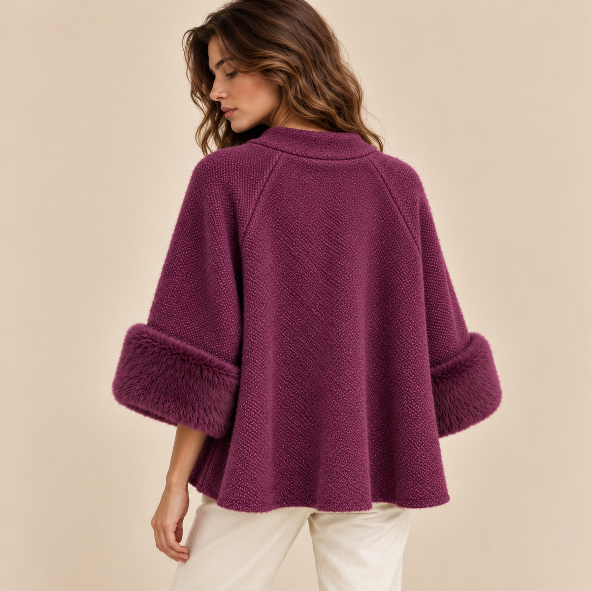 Knit Cape Jacket With Faux Fur Cuffs in Purple, model back view