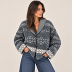 Nordic Knit Shawl Collar Cardigan in Grey and White, front view
