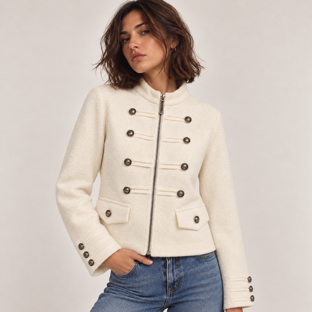 Military-Style Jacket With Buttons in White, front view