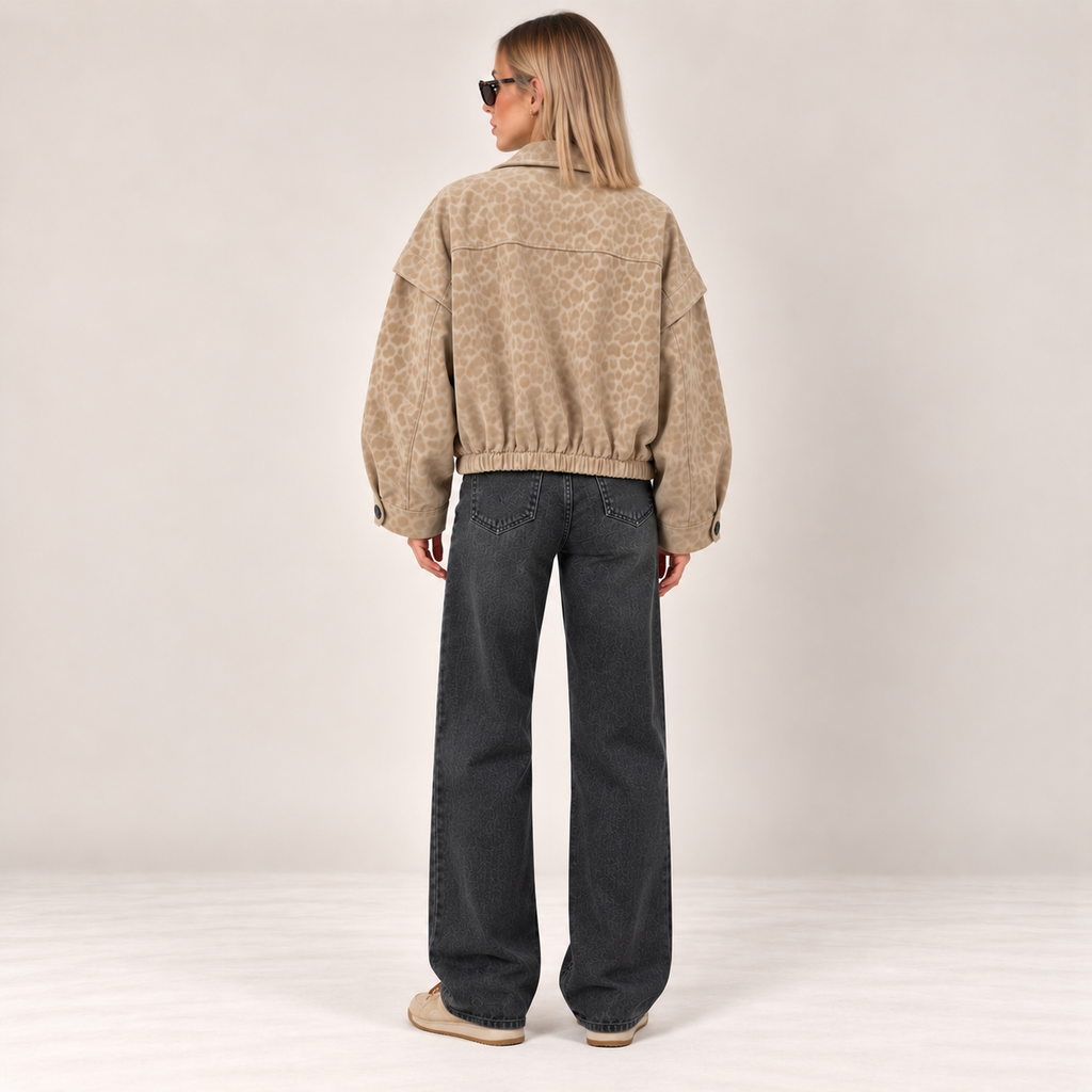 Cropped Tonal Leopard Jacket in Beige, alternate back view