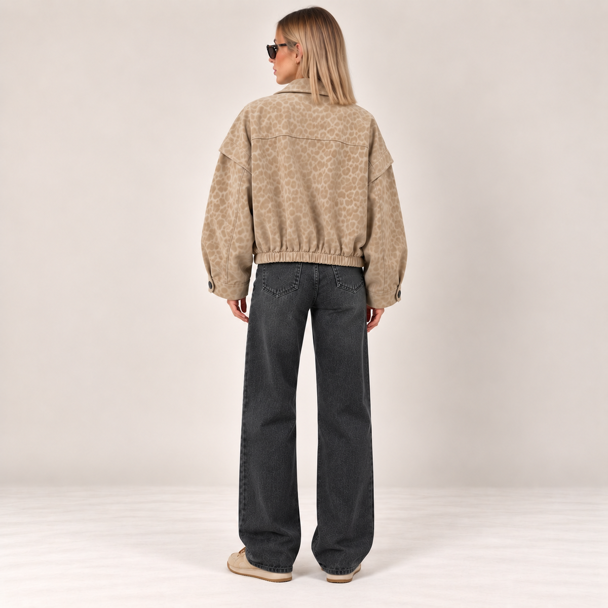 Cropped Tonal Leopard Jacket in Beige, alternate back view